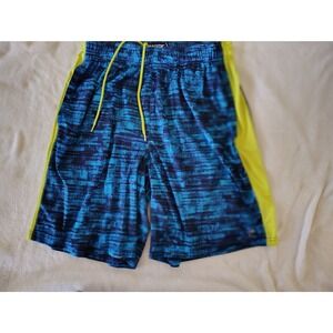 SB Tech Mens Blue Neon Yellow Digital Print Athletic Gym Basketball Shorts L